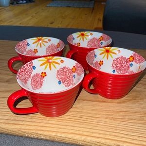 Starbucks 2007 Red Ribbed Floral Mug 12 Oz Coffee Cup